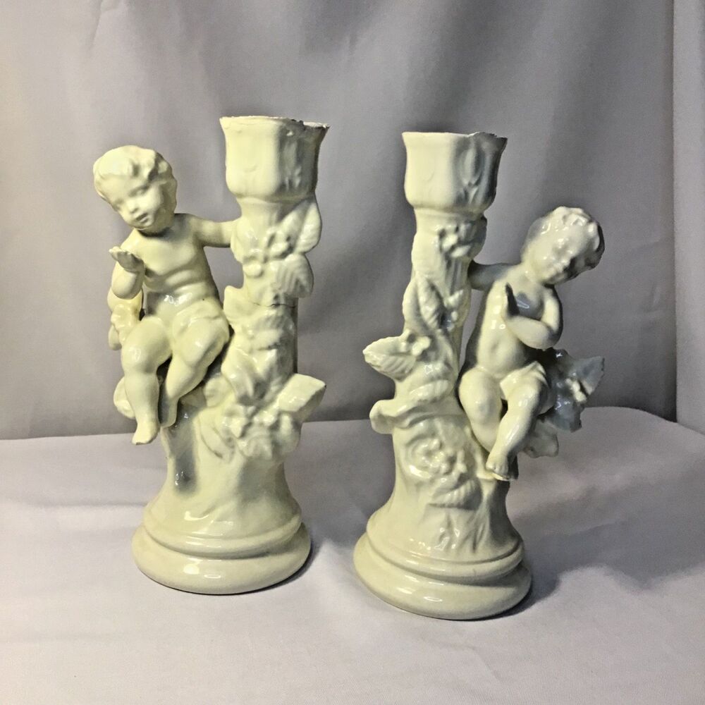 Vintage Holland Mold Ivory Porcelain Cherub Candle Holders Imperfect (Set of 2)